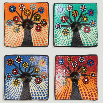 Porte encens carré en terre cuite modèle : arbre de vie à pois 12x12 cm