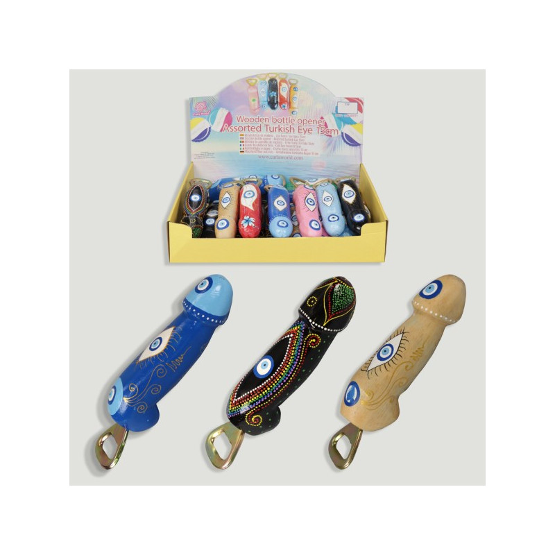 WOODEN OPENER BOTTLE. Abridor de garrafas de madeira olho turco 15cm WOODEN OPENER BOTTLE. Abridor de garrafas de madeira olho turco 15cm