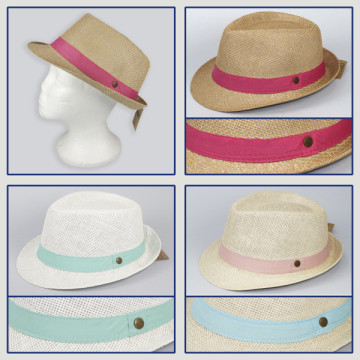 Gancho 01 - Sombrero de  color: Ocre con cinta roja – Crema con cinta rosa – Blanco con cinta azul