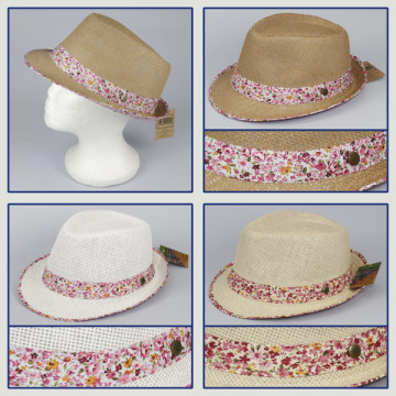Gancho 08 - Sombrero de  color: Ocre con cinta de flores – Crema con cinta de flores – Blanco con cinta de flores