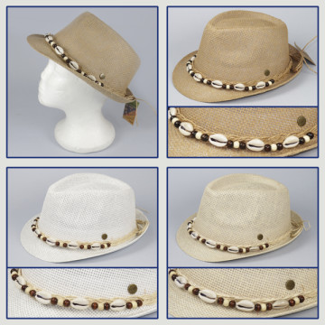 Gancho 12 Gancho 12 - Sombrero de  color: Ocre con cinta con cochitas marinas – Crema con cinta con cochitas marinas  – Blanco c