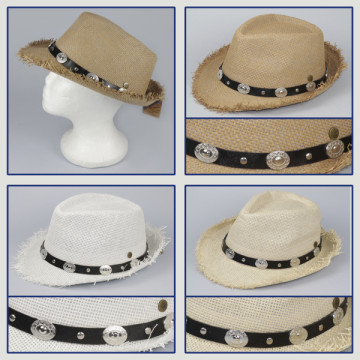Gancho 16 - Cor do chapéu: Ocre com fita de couro sintético – Fita de couro sintético creme – Fita de couro sintético branca