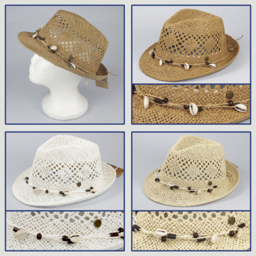 Hook 24 - Color hat: Ocher with ribbon with sea shells – Cream with ribbon with sea shells – White with ribbon with sea shells