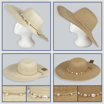Hook 29 - Color hat: Ocher with ribbon with sea shells – Cream with ribbon with sea shells – White with ribbon with sea shells