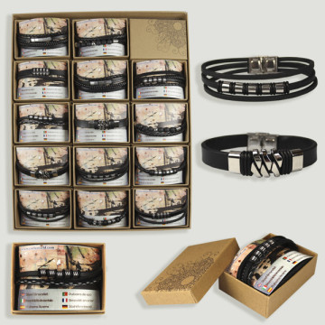 PULSERA. Pack 15. Leather bracelet + stainless steel