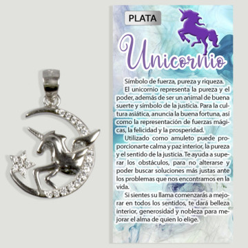 UNICORNIO + LUNA. Colgante PLATA con Circonitas. 15x15 mm