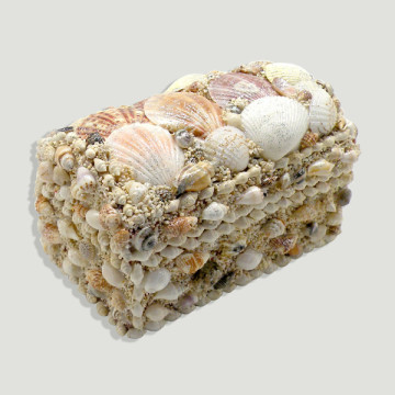 Mother-of-pearl chest, shells and white sand. 19x11x11cm