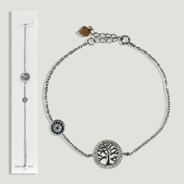 Silver bracelet. Tree of life and Turkish Eye with zircons