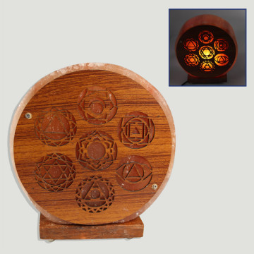 Salt lamp with 3D wood. Chakra Symbols. 19x7x20cm. 4Kg.