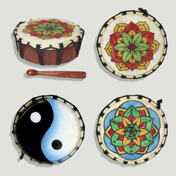Wooden hand drum with stick. Flowers, Ohm and Yin Yang. 20cm