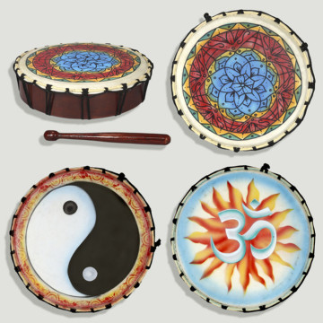 Wooden hand drum with stick. Flowers, Ohm and Yin Yang. 30cm