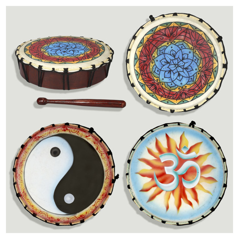 Wooden hand drum with stick. Flowers, Ohm and Yin Yang. 30cm Wooden hand drum with stick. Flowers, Ohm and Yin Yang. 30cm