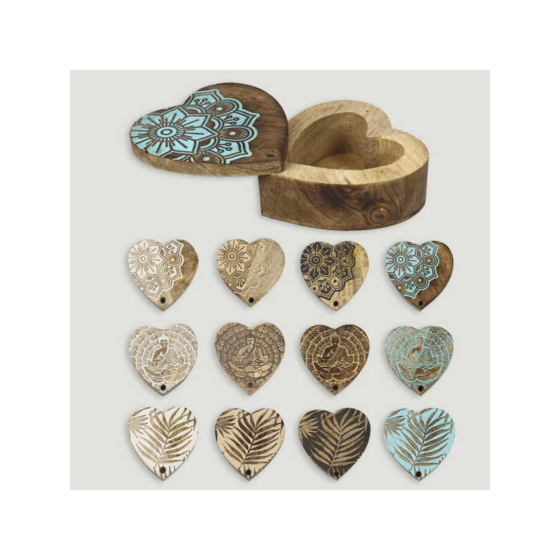 Wooden box rotating heart Buddha/Mandala/Leaves 11x11cm Wooden box rotating heart Buddha/Mandala/Leaves 11x11cm