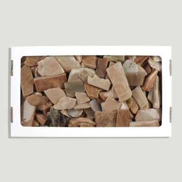 Chopped polished adularia. Box 1.5kg approx. 26x14cm.