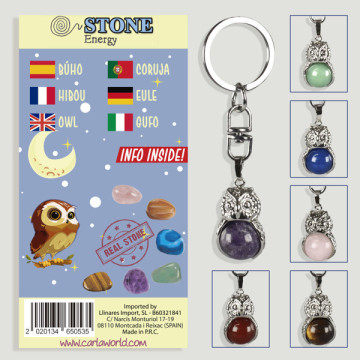 Gancho 126. Llavero silverplated. Amuleto Búho. Minerales surtidos