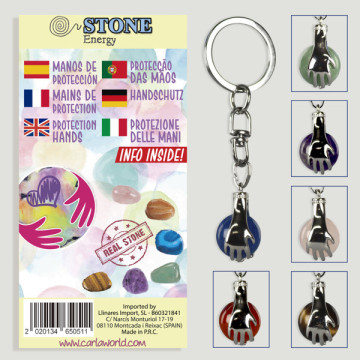 Gancho 127. Llavero silverplated. Amuleto Manos protección. Minerales surtidos