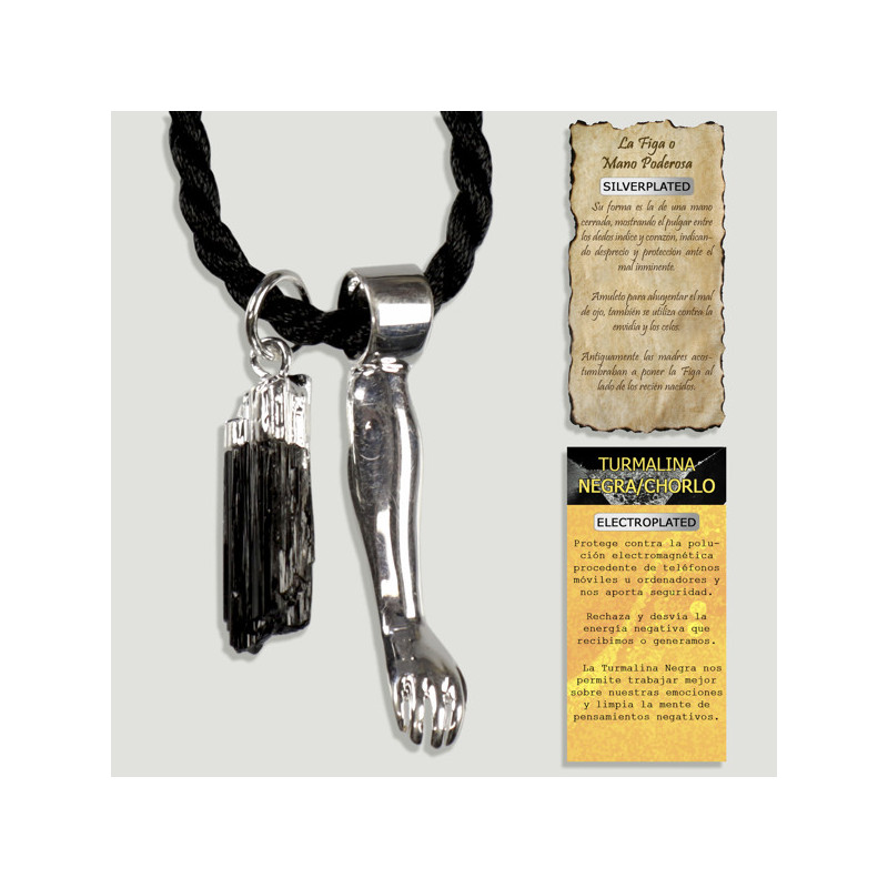 HAND POWER. Electroplated little hand and Tourmaline pendant with cord. HAND POWER. Electroplated little hand and Tourmaline pendant with cord.