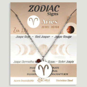 REPOSICIÓN. Collar/colgante acero plateado. Aries y Jaspe Rojo