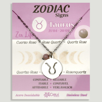 REPOSICIÓN. Collar/colgante acero plateado. Tauro y Cuarzo Rosa