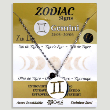 REPOSICIÓN. Collar/colgante acero plateado. Géminis y Ojo de Tigre