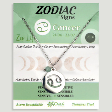 REPOSICIÓN. Collar/colgante acero plateado. Cáncer y Aventurina Verde