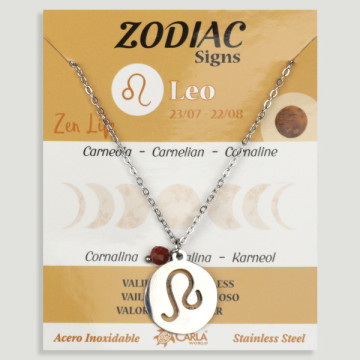 REPOSICIÓN. Collar/colgante acero plateado. Leo y Ágata Cornalina