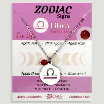 REPOSICIÓN. Collar/colgante acero plateado. Libra y Ágata Rosa