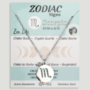 REPOSICIÓN. Collar/colgante acero plateado. Escorpio y Cuarzo Cristal