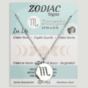 SUBSTITUIÇÃO. Colar/pendente em aço prateado. Escorpião e Quartzo Cristal