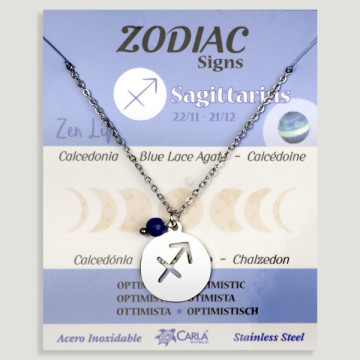 REPOSICIÓN. Collar/colgante acero plateado. Sagitario y Calcedonia