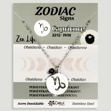 REPOSICIÓN. Collar/colgante acero plateado. Capricornio y Obsidiana