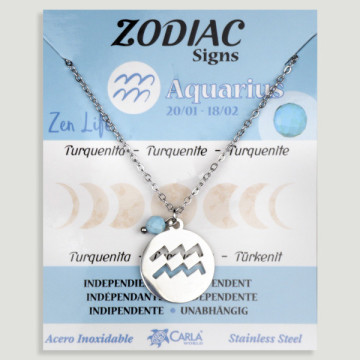 REPOSICIÓN. Collar/colgante acero plateado. Acuario y Howlita Turquesa