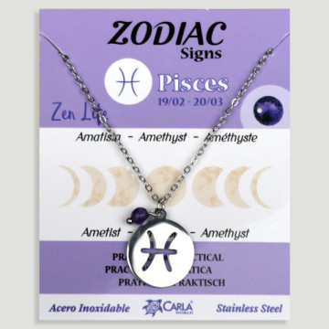 REPOSICIÓN. Collar/colgante acero plateado. Piscis y Amatista