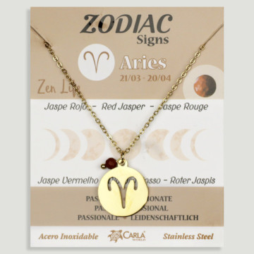 REPOSICIÓN. Collar/colgante acero dorado. Aries y Jaspe Rojo