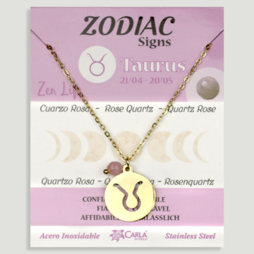SUBSTITUIÇÃO. Colar/pendente em aço dourado. Touro e Quartzo Rosa