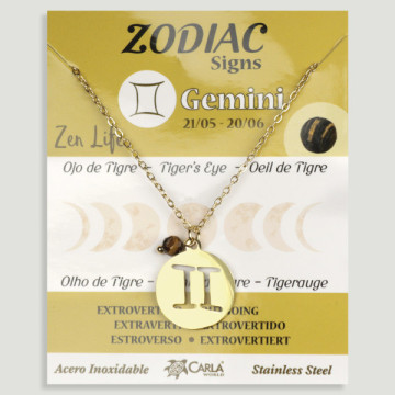 REPOSICIÓN. Collar/colgante acero dorado. Géminis y Ojo de Tigre