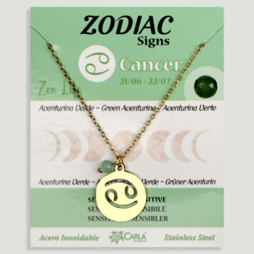 REPOSICIÓN. Collar/colgante acero dorado. Cáncer y Aventurina Verde