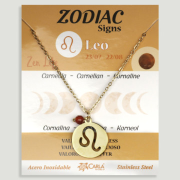 SUBSTITUIÇÃO. Colar/pendente em aço dourado. Leão e Ágata Cornalina