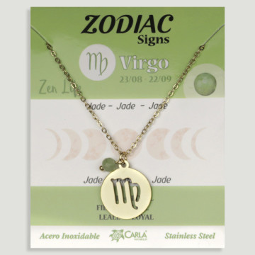 REPOSICIÓN. Collar/colgante acero dorado. Virgo y Jade