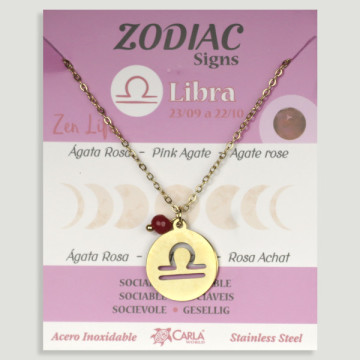 SUBSTITUIÇÃO. Colar/pendente em aço dourado. Balança e Ágata Rosa