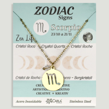 SUBSTITUIÇÃO. Colar/pendente em aço dourado. Escorpião e Quartzo Cristal