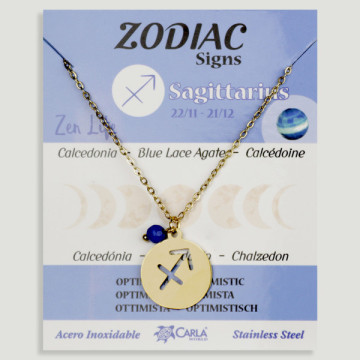REPOSICIÓN. Collar/colgante acero dorado. Sagitario y Calcedonia
