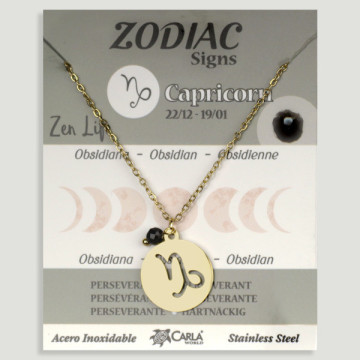 REPOSICIÓN. Collar/colgante acero dorado. Capricornio y Obsidiana