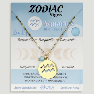 REPOSICIÓN. Collar/colgante acero dorado. Acuario y Howlita Turquesa