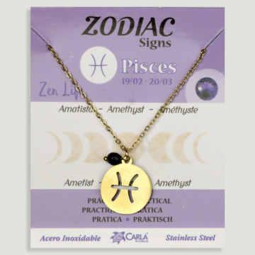 REPOSICIÓN. Collar/colgante acero dorado. Piscis y Amatista