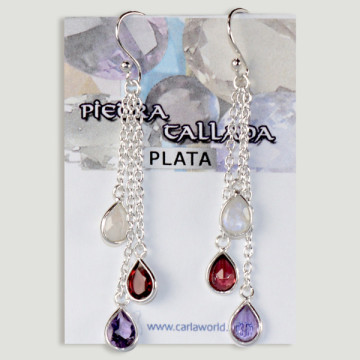 Boucles d'oreilles en ARGENT. Pierre de Lune, Grenat et Améthyste