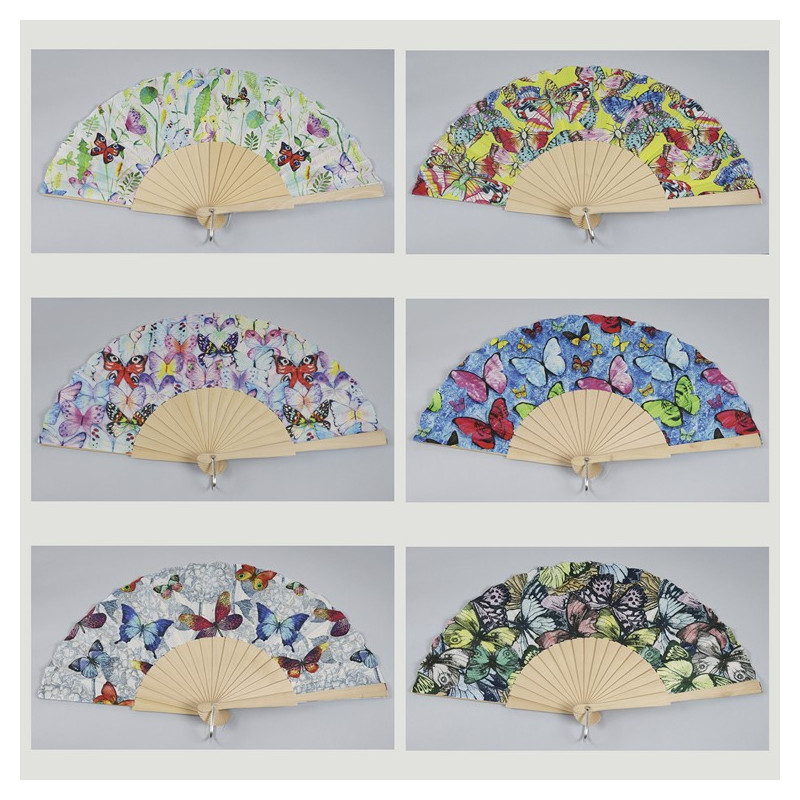 Gancho 44 - Abanico de madera con diseño de: Mariposas. Colores surtidos Gancho 44 - Abanico de madera con diseño de: Mariposas. Colores surtidos