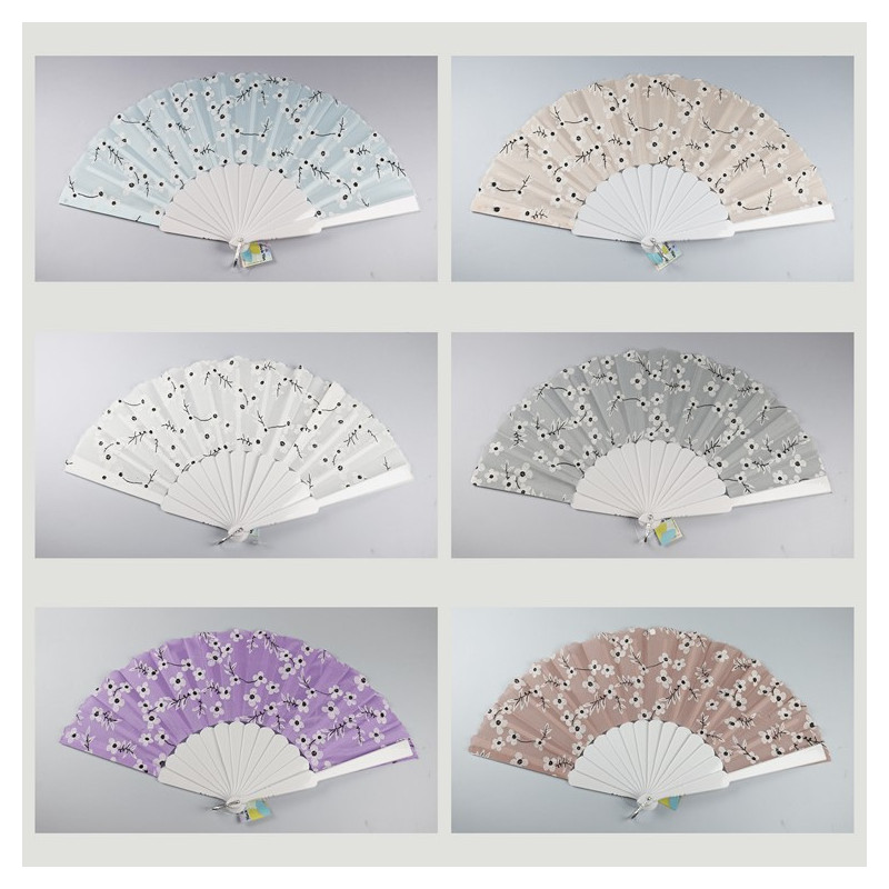 Hook 79 - Plastic fan with design: White flowers with colored background. Assorted colors Hook 79 - Plastic fan with design: White flowers with colored background. Assorted colors