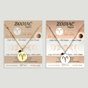 Colgante Acero Inox. dorado/plateado Zodiaco + bola mineral facetada. Aries