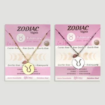 Colgante Acero Inox. dorado/plateado Zodiaco + bola mineral facetada. Tauro